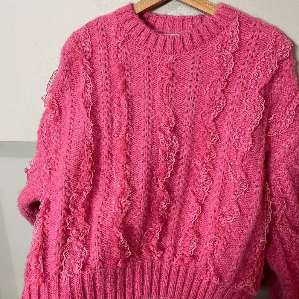 Zara Pink Ruffled & Lace Chunky Knit Sweater SZ Medium Girly Coquette Preppy - Picture 9 of 15